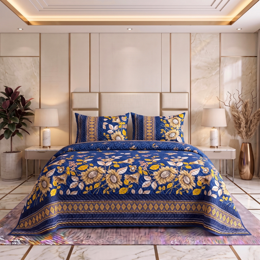 Royal Sunflower | Printed Ultrasonic Quilted Bedspread Set | 3 Piece