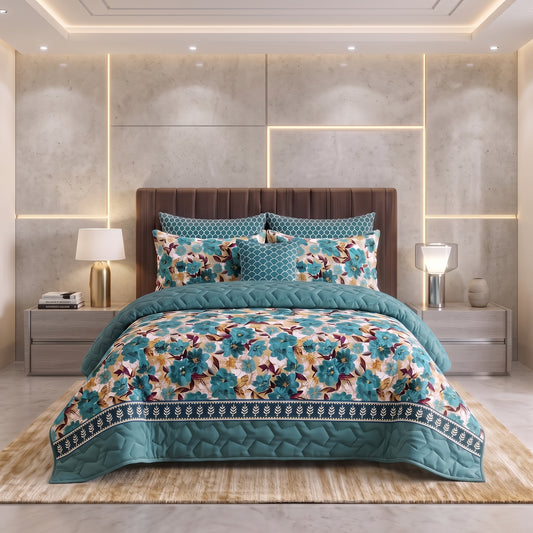 Turquoise Meadow | Printed Ultrasonic Quilted Bedspread Set | 7 Piece