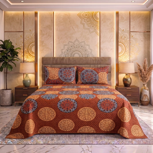 Rust Medallion | Printed Ultrasonic Quilted Bedspread Set | 3 Piece