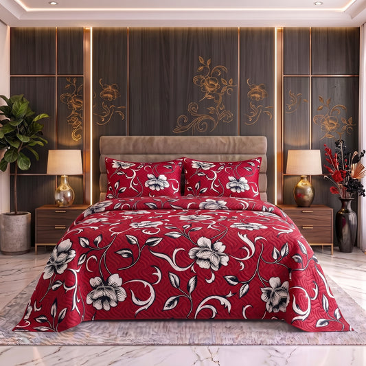 Ruby Blossom | Printed Ultrasonic Quilted Bedspread Set | 3 Piece