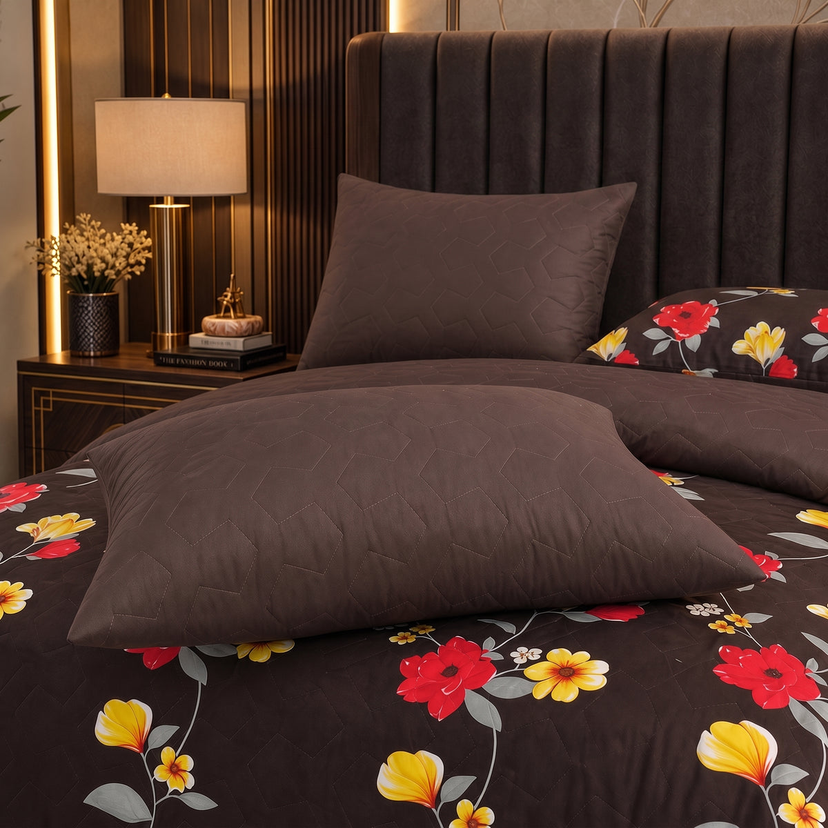 Chocolate Rose | Printed Ultrasonic Quilted Bedspread Set | 6 Piece