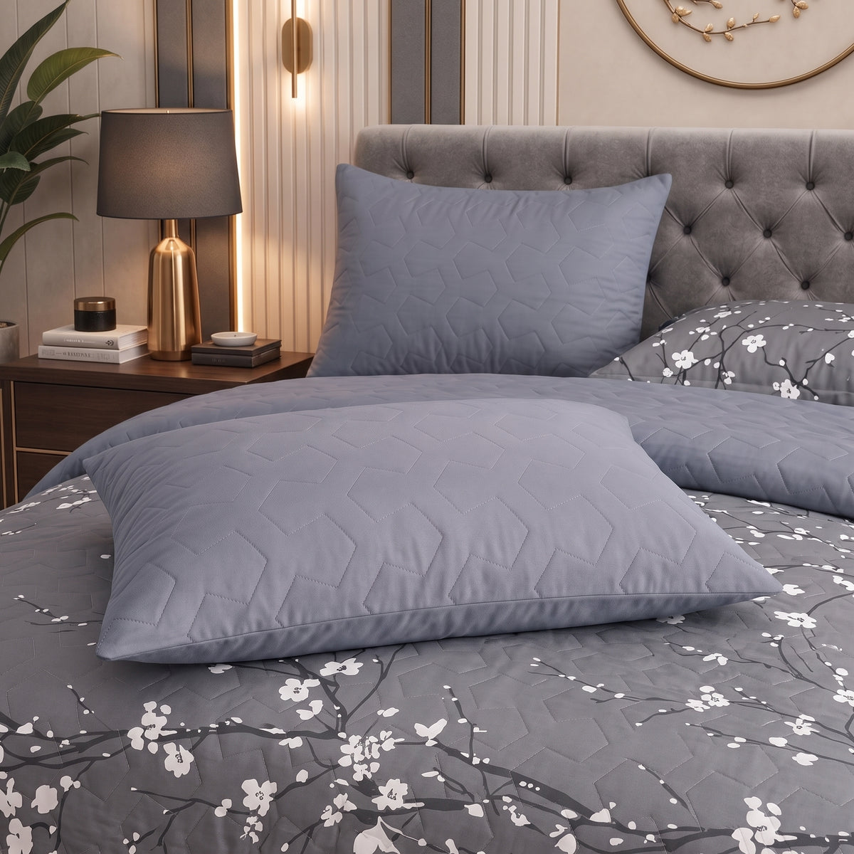 Grey Flora | Printed Ultrasonic Quilted Bedspread Set | 6 Piece