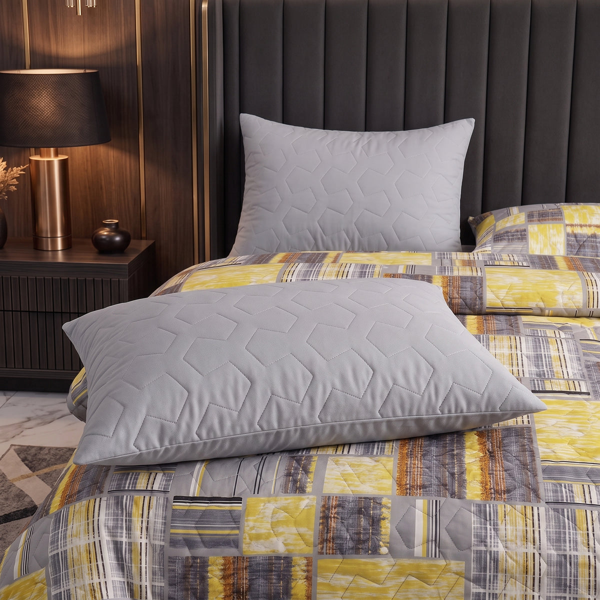 Golden Grid | Printed Ultrasonic Quilted Bedspread Set | 6 Piece