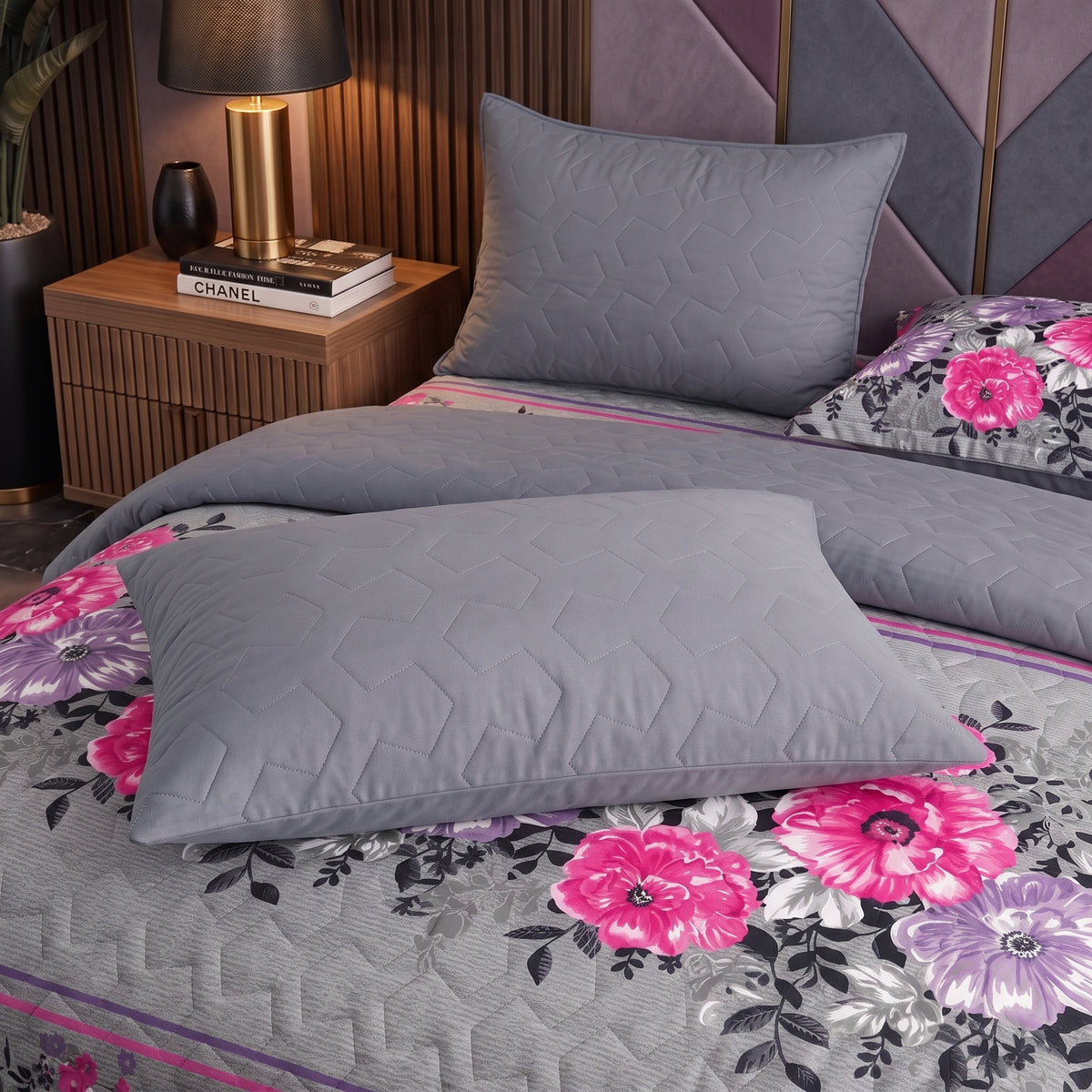 Slate Lavender | Printed Ultrasonic Quilted Bedspread Set | 6 Piece