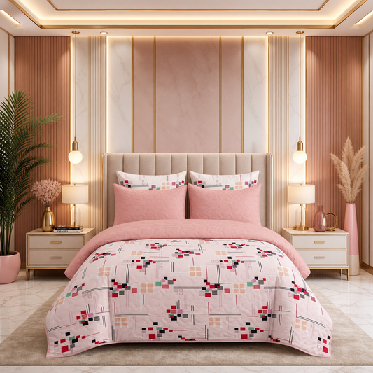 Blush Geometry | Printed Ultrasonic Quilted Bedspread Set | 6 Piece