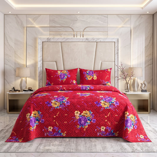 Crimson Baroque | Printed Ultrasonic Quilted Bedspread Set | 3 Piece