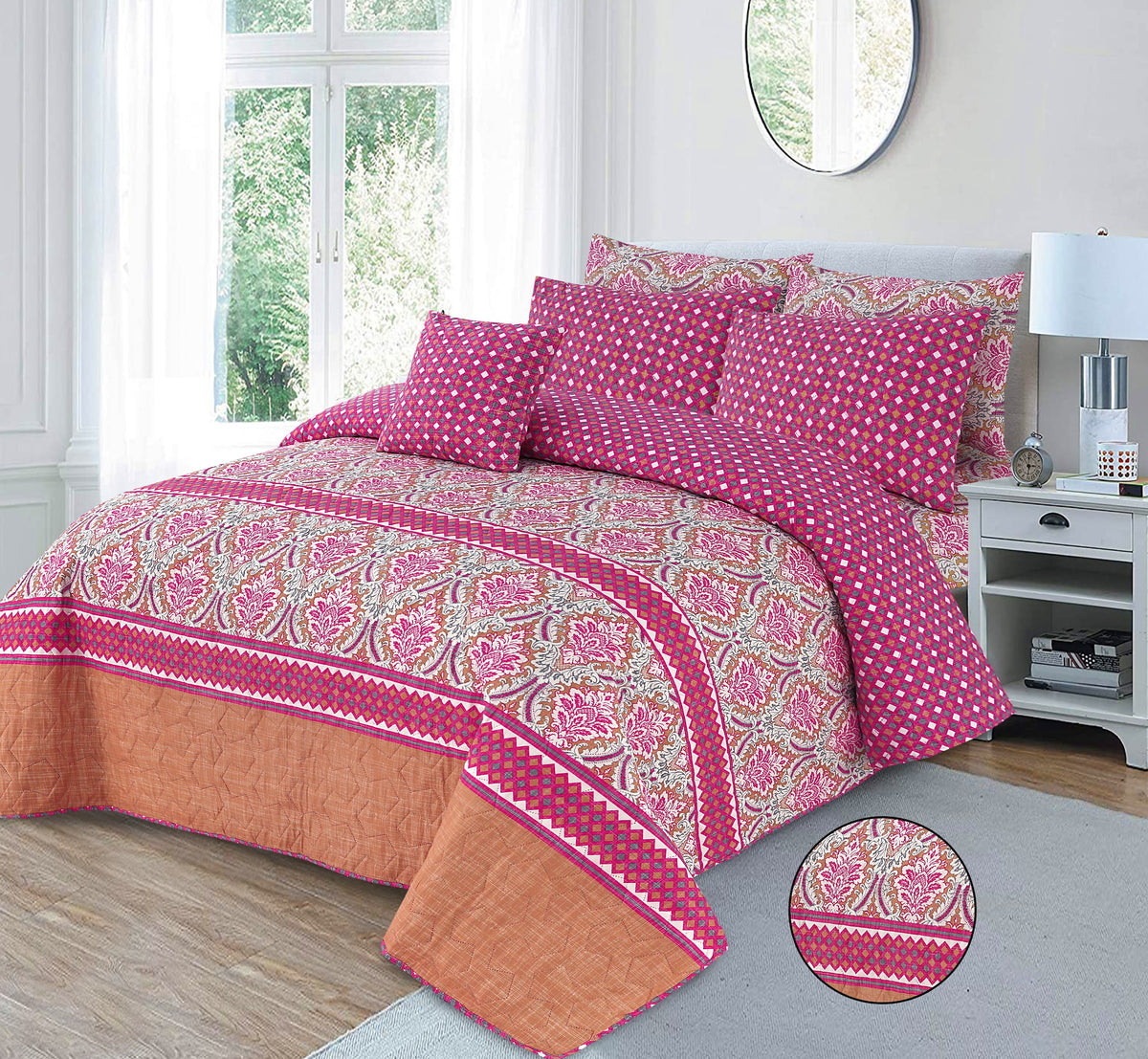 Rani Damask | Printed Ultrasonic Quilted Bedspread Set | 7 Piece