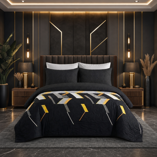 Midnight Gold | Printed Ultrasonic Quilted Bedspread Set | 6 Piece
