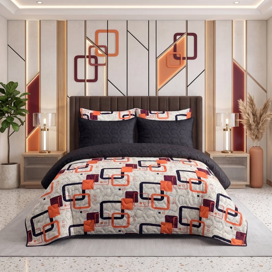 Saffron Grid | Printed Ultrasonic Quilted Bedspread Set | 6 Piece