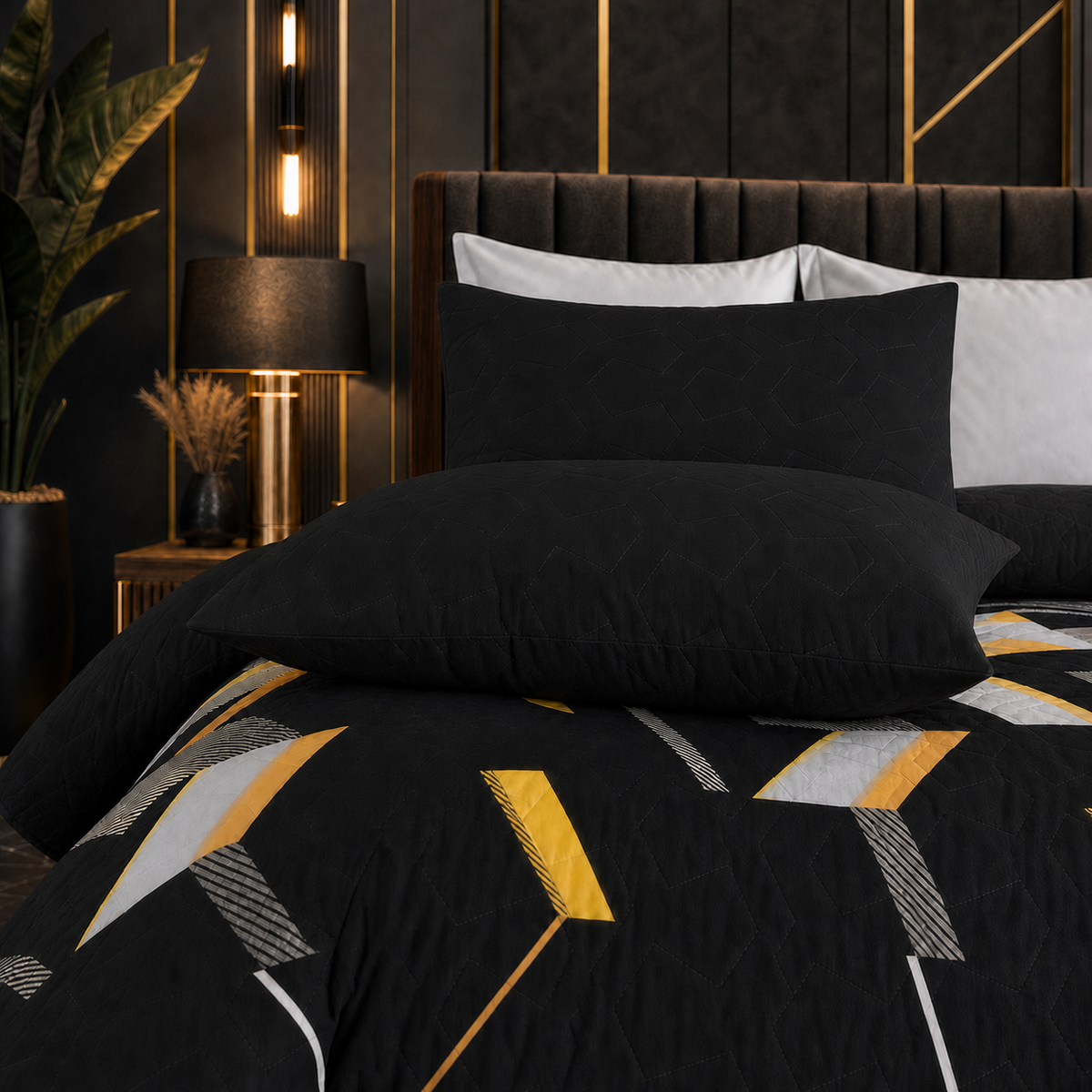 Midnight Gold | Printed Ultrasonic Quilted Bedspread Set | 6 Piece