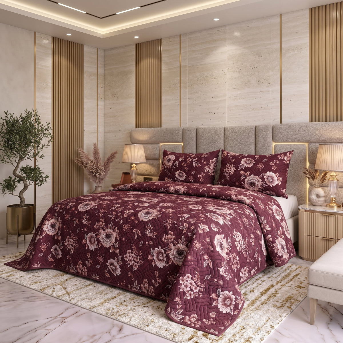Plum Blossom | Printed Ultrasonic Quilted Bedspread Set | 3 Piece