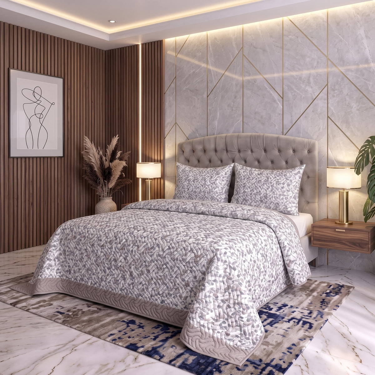 Slate Blossom | Printed Ultrasonic Quilted Bedspread Set | 3 Piece