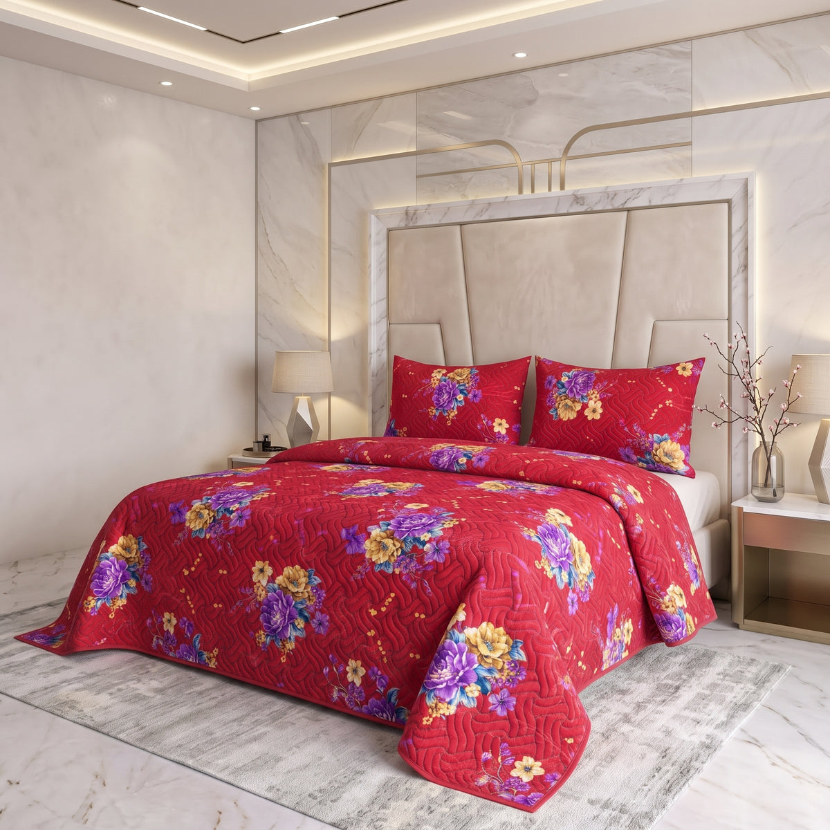 Crimson Baroque | Printed Ultrasonic Quilted Bedspread Set | 3 Piece