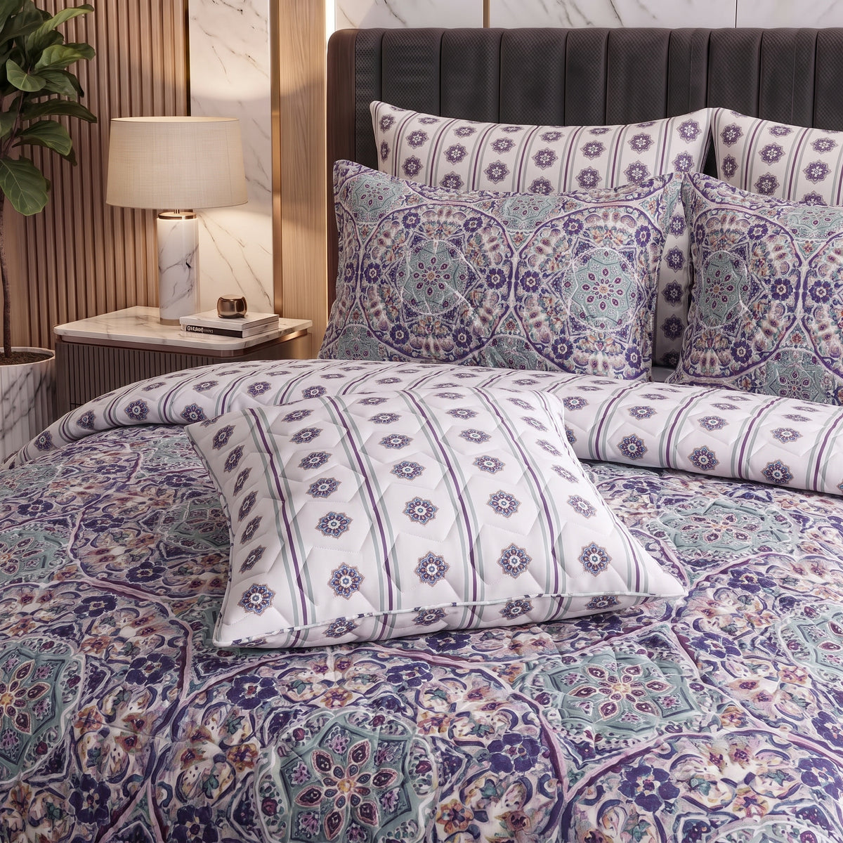 Mosaic Noor | Printed Ultrasonic Quilted Bedspread Set | 7 Piece