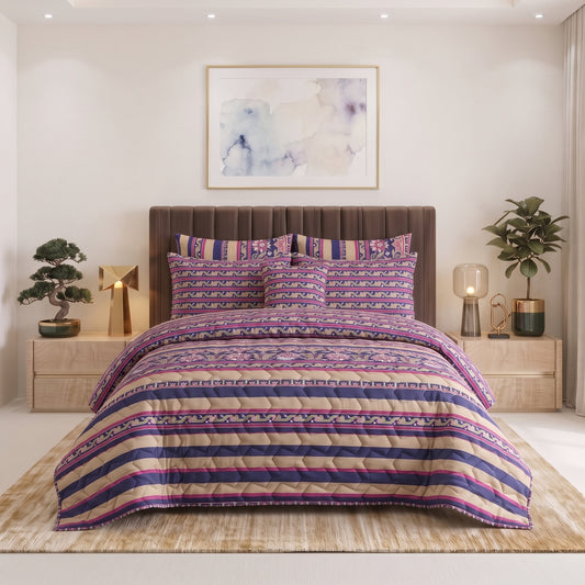 Indigo Vine | Printed Ultrasonic Quilted Bedspread Set | 7 Piece