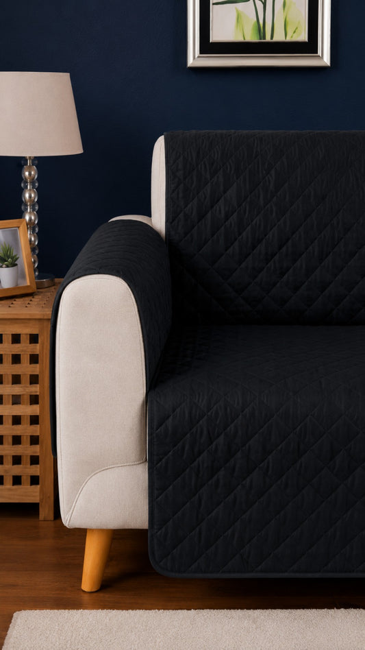 Jet Black Ultrasonic Quilted Sofa Cover - 7 Pcs Premium Sofa Protector