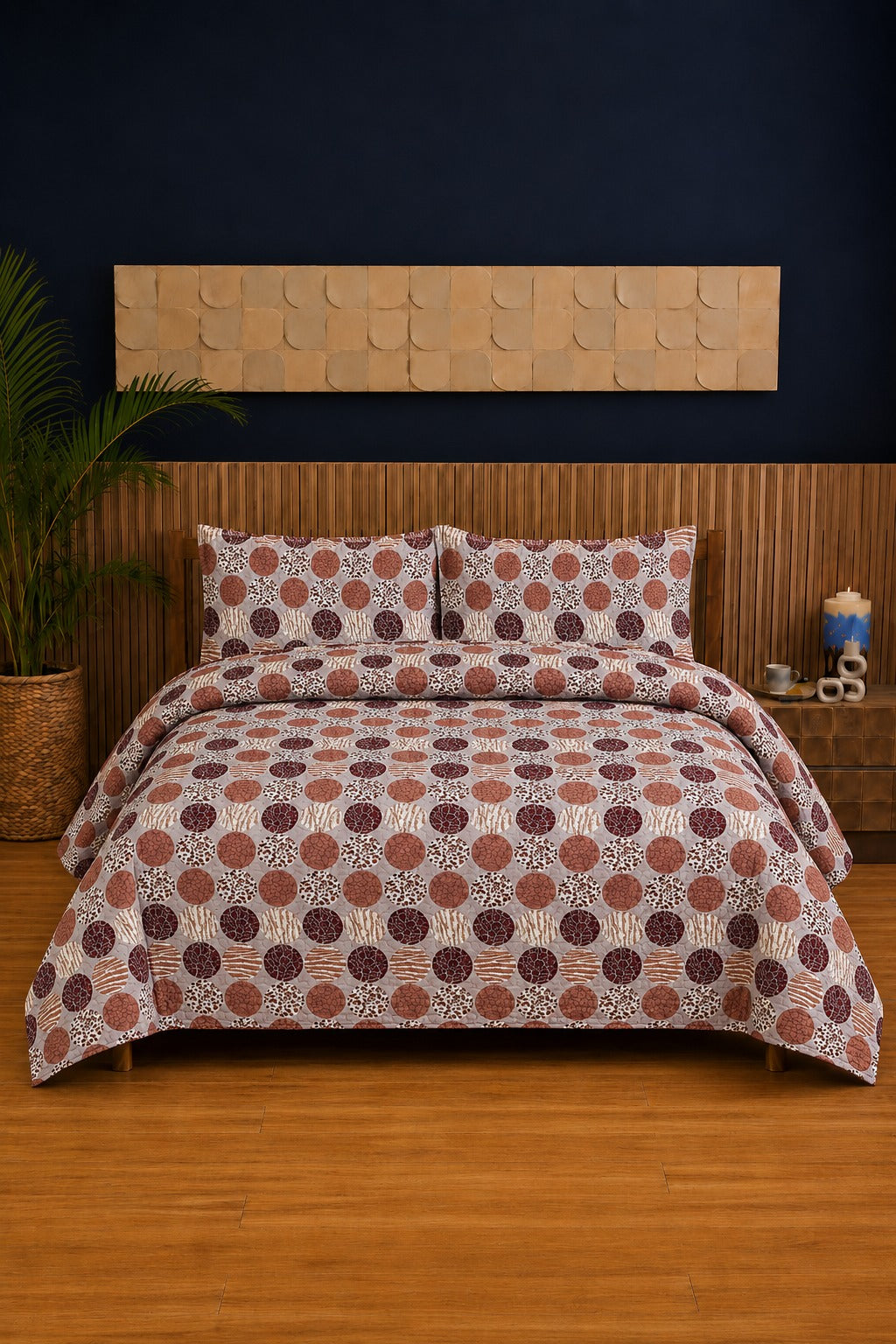 Brown Geo Circle Ultrasonic Printed 3-Piece Bedspread Set