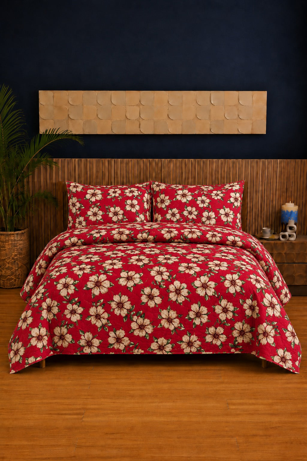 Red Daisy Floral Ultrasonic Printed 3-Piece Bedspread Set