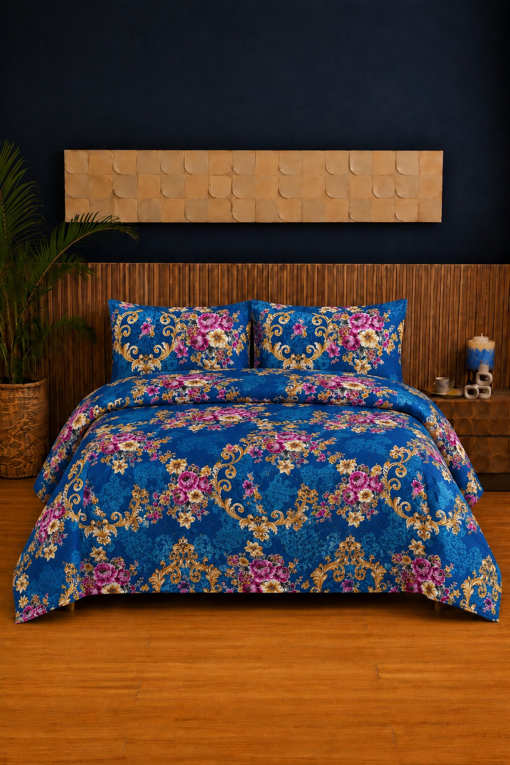 Royal Blue Baroque Floral Ultrasonic Printed 3-Piece Bedspread Set
