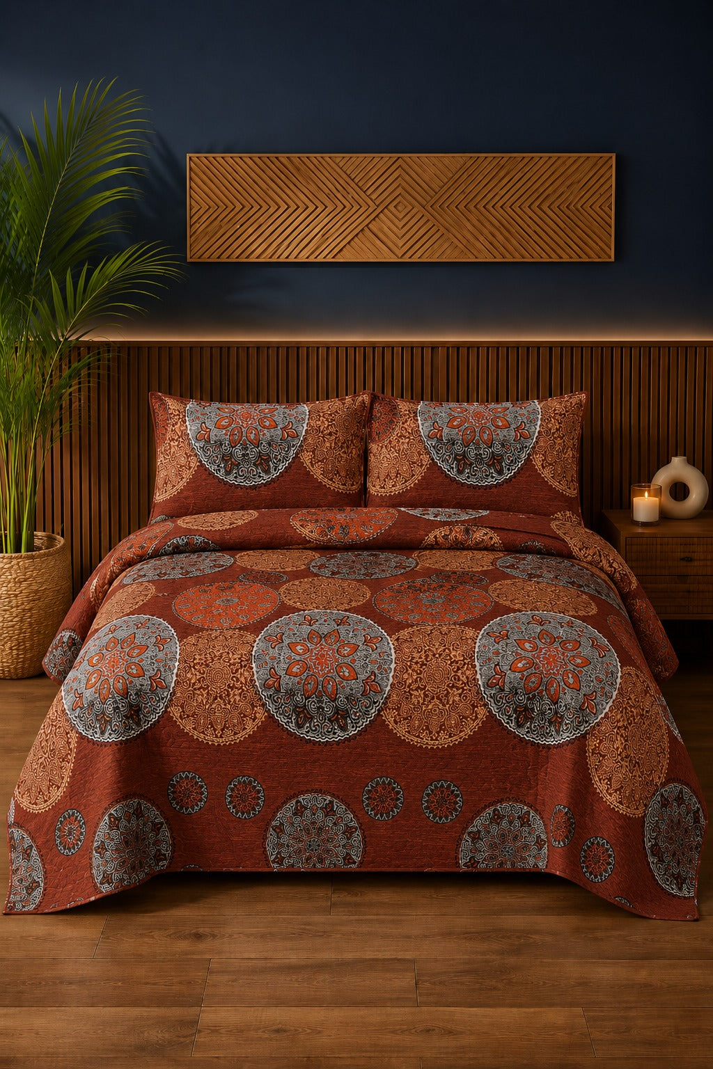 Rust Medallion Ultrasonic Printed 3-Piece Bedspread Set