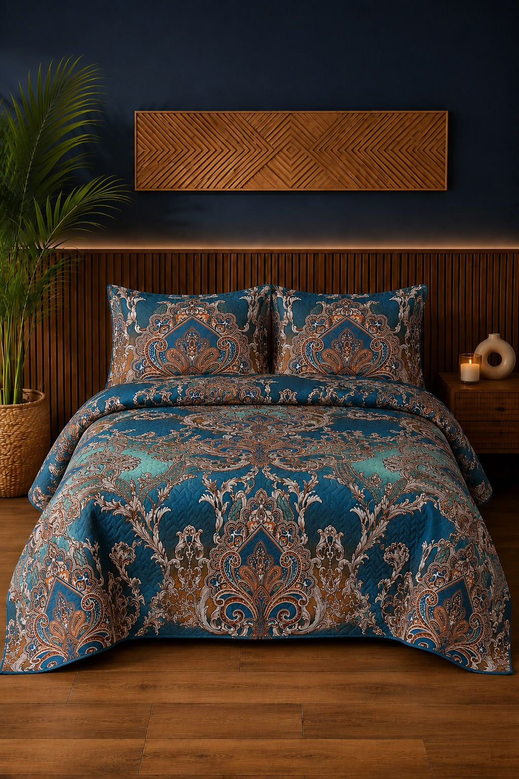 Royal Teal Paisley Ultrasonic Printed 3-Piece Bedspread Set