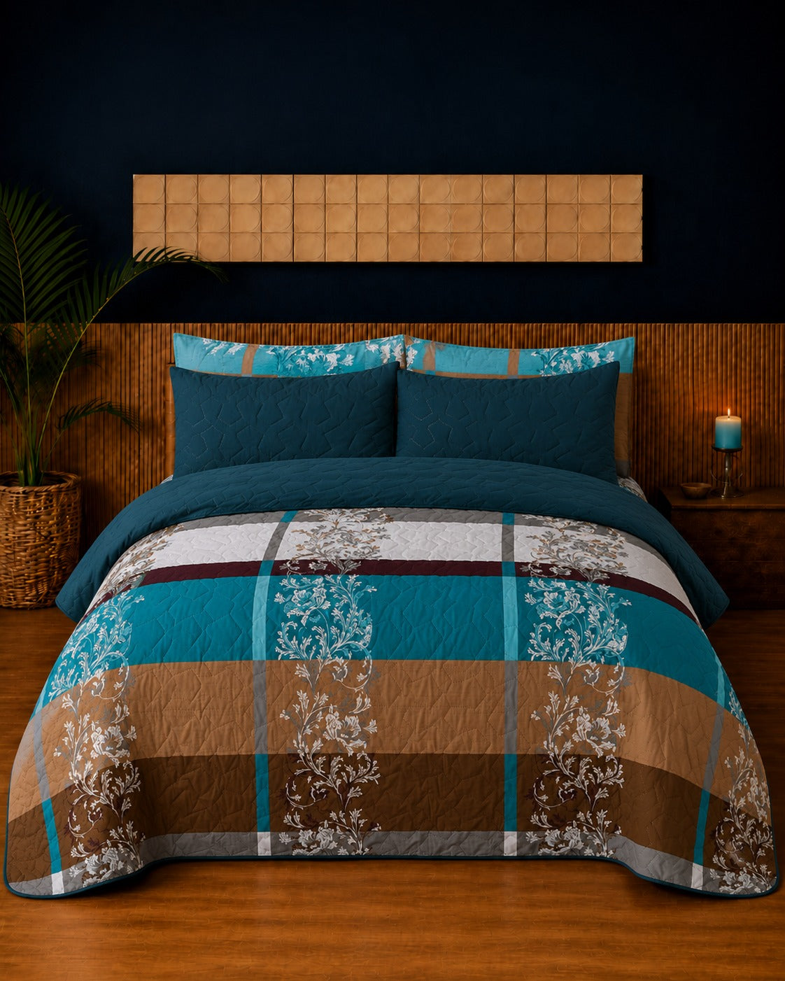 Teal Brown Check Floral Quilted 3 Pcs Bedsheet Set