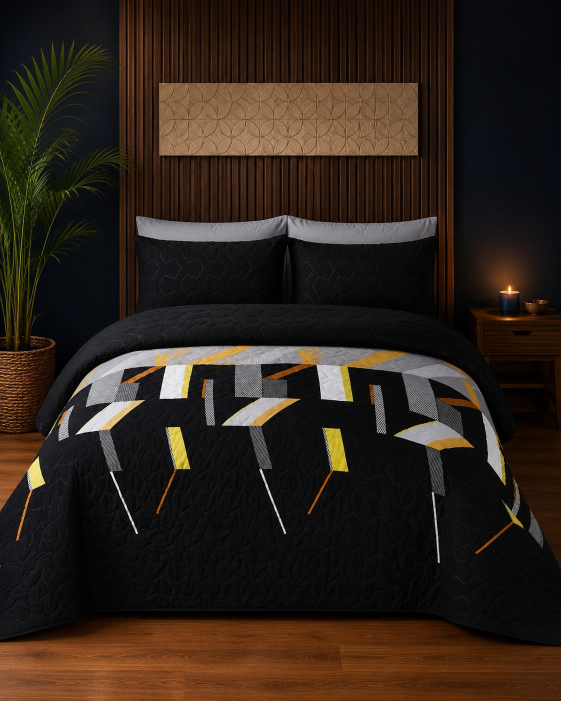 Black Yellow Abstract Quilted 3 Pcs Bedsheet Set