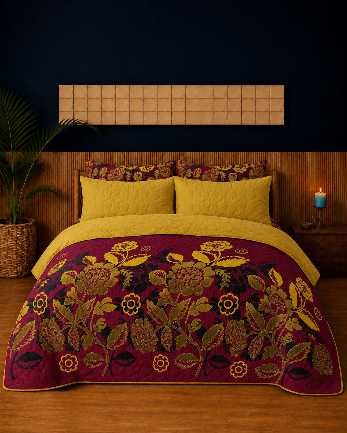 Maroon Mustard Floral Quilted 3 Pcs Bedsheet Set