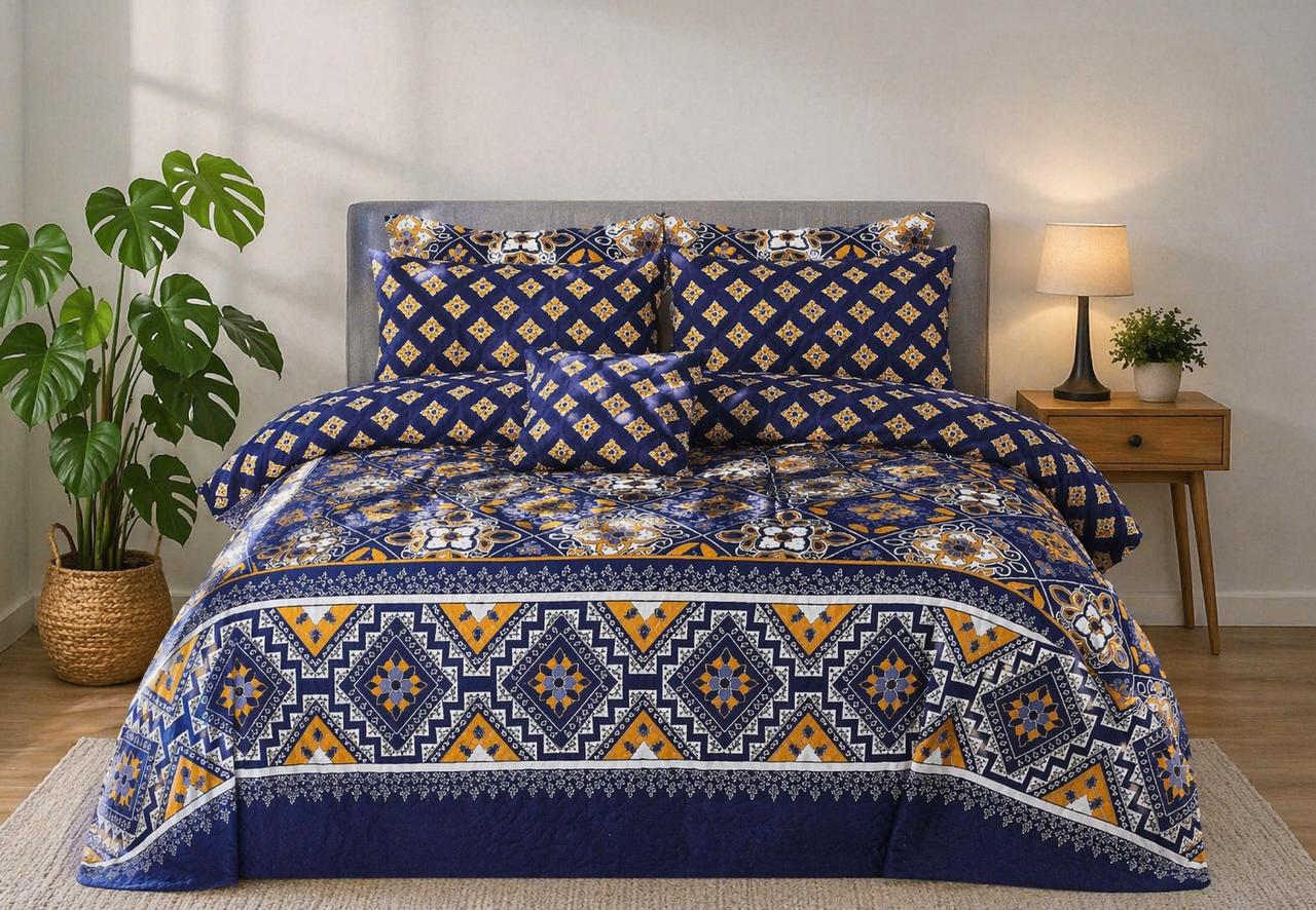 Navy Blue Mustard Geometric Quilted 7 Pcs Bedsheet Set
