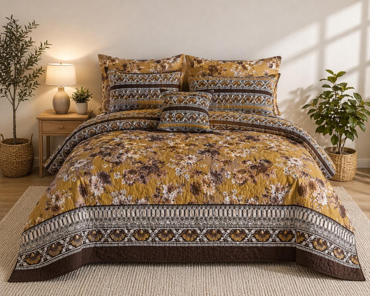 Mustard Brown Floral Border Quilted 7 Pcs Bedsheet Set