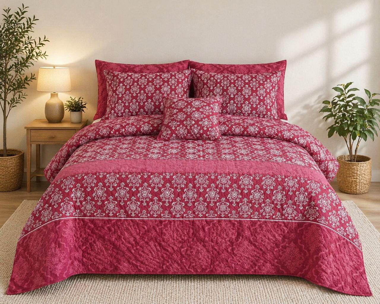 Maroon White Classic Quilted 7 Pcs Bedsheet Set
