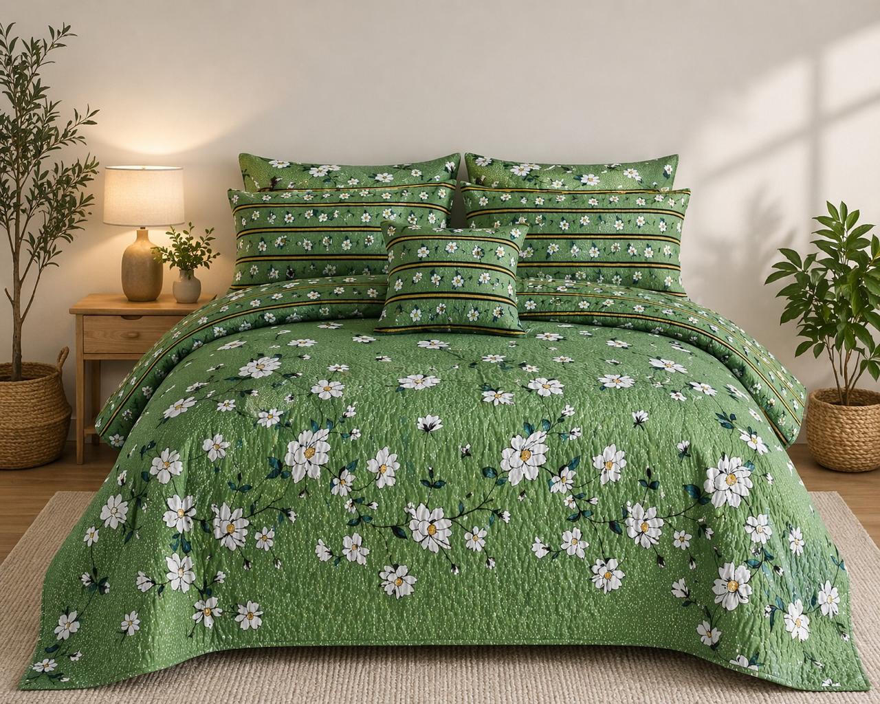Green White Daisy Quilted 7 Pcs Bedsheet Set