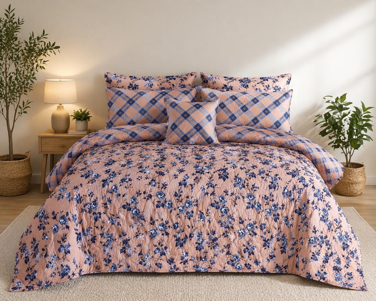 Peach Blue Floral Quilted 7 Pcs Bedsheet Set