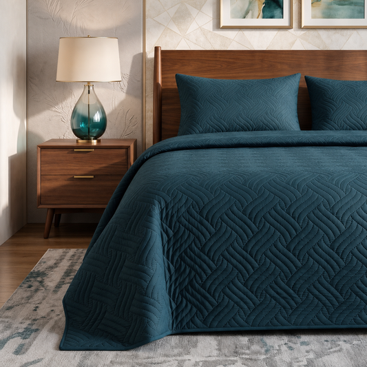 Teal Blue Ultrasonic Quilted 3 Piece Bedspread Set