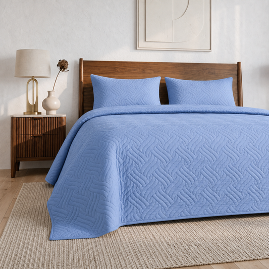 Sky Blue Ultrasonic Quilted 3 Piece Bedspread Set