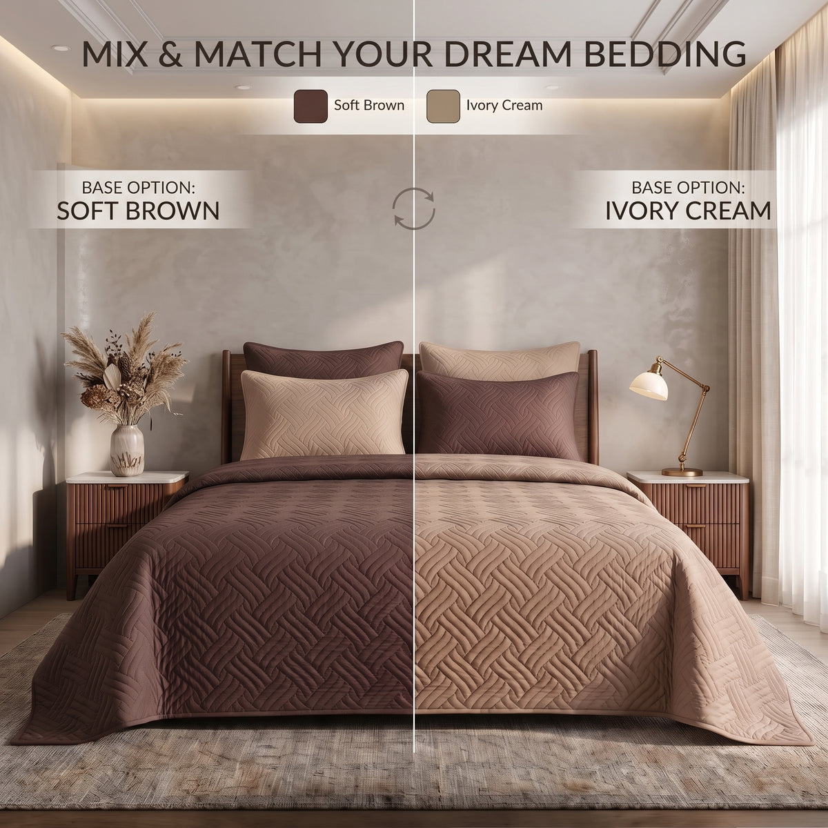 Mix & Match Bundle | 2 Bedspread Sets (3 Piece) | Soft Brown + Ivory Cream