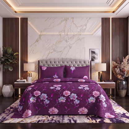 Plum Gardenia | Printed Ultrasonic Quilted Bedspread Set | 3 Piece