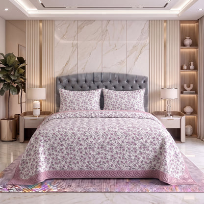 Dusty Rose | Printed Ultrasonic Quilted Bedspread Set | 3 Piece