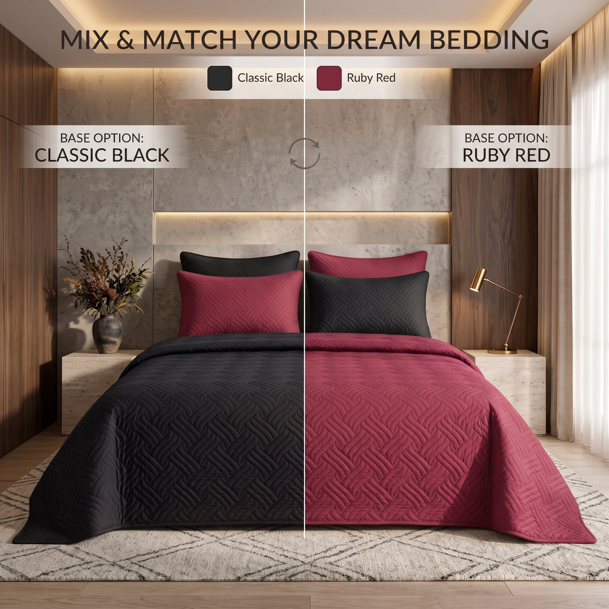 Mix & Match Bundle | 2 Bedspread Sets (3 Piece) | Classic Black + Ruby Red