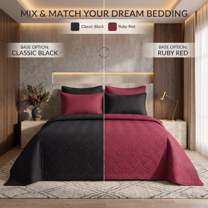 Mix & Match Bundle | 2 Bedspread Sets (3 Piece) | Classic Black + Ruby Red