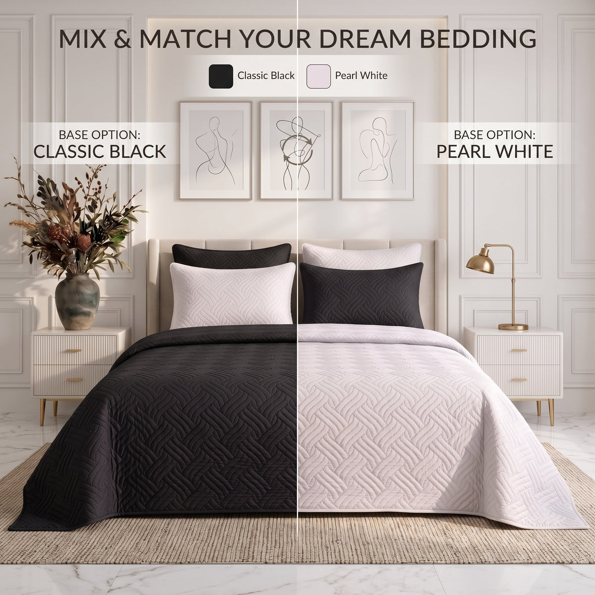Mix & Match Bundle | 2 Bedspread Sets (3 Piece) | Classic Black + Pearl White