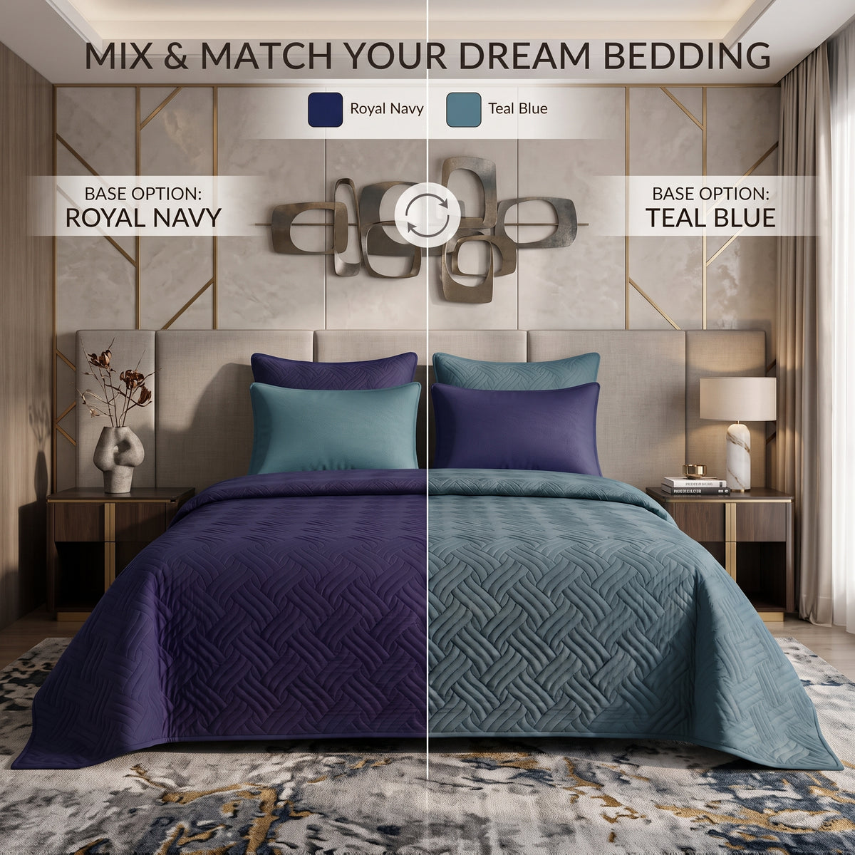 Mix & Match Bundle | 2 Bedspread Sets (3 Piece) | Royal Navy + Teal Blue
