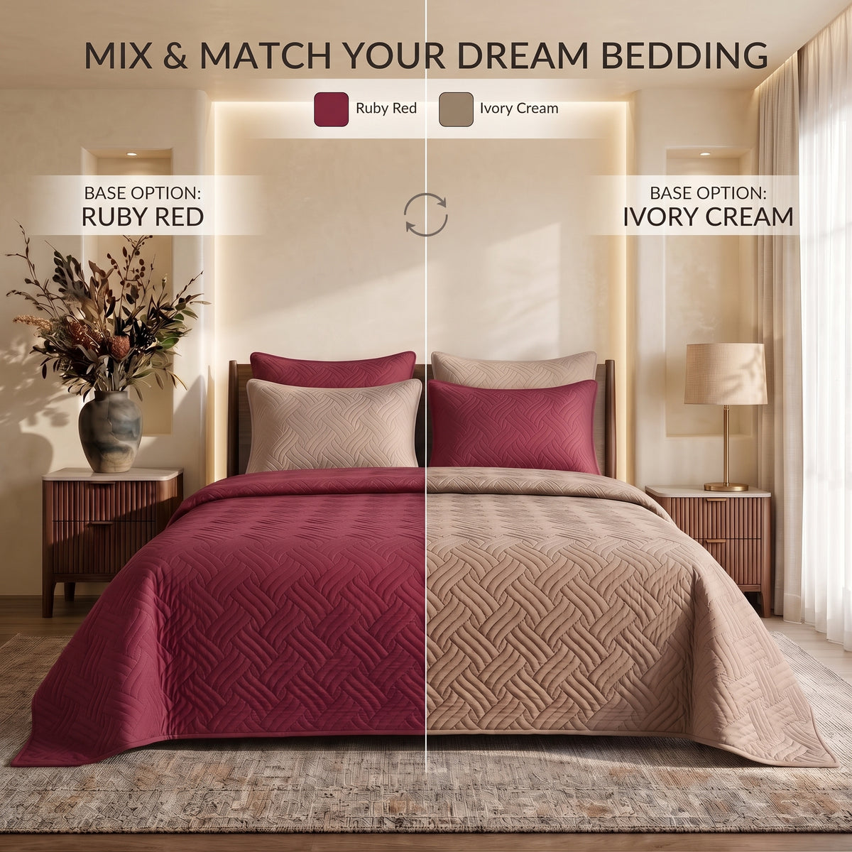 Mix & Match Bundle | 2 Bedspread Sets (3 Piece) | Ruby Red + Ivory Cream