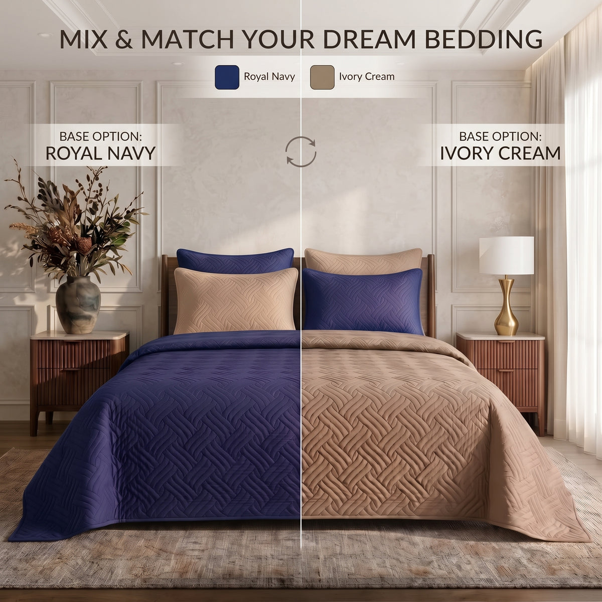 Mix & Match Bundle | 2 Bedspread Sets (3 Piece) | Royal Navy + Ivory Cream