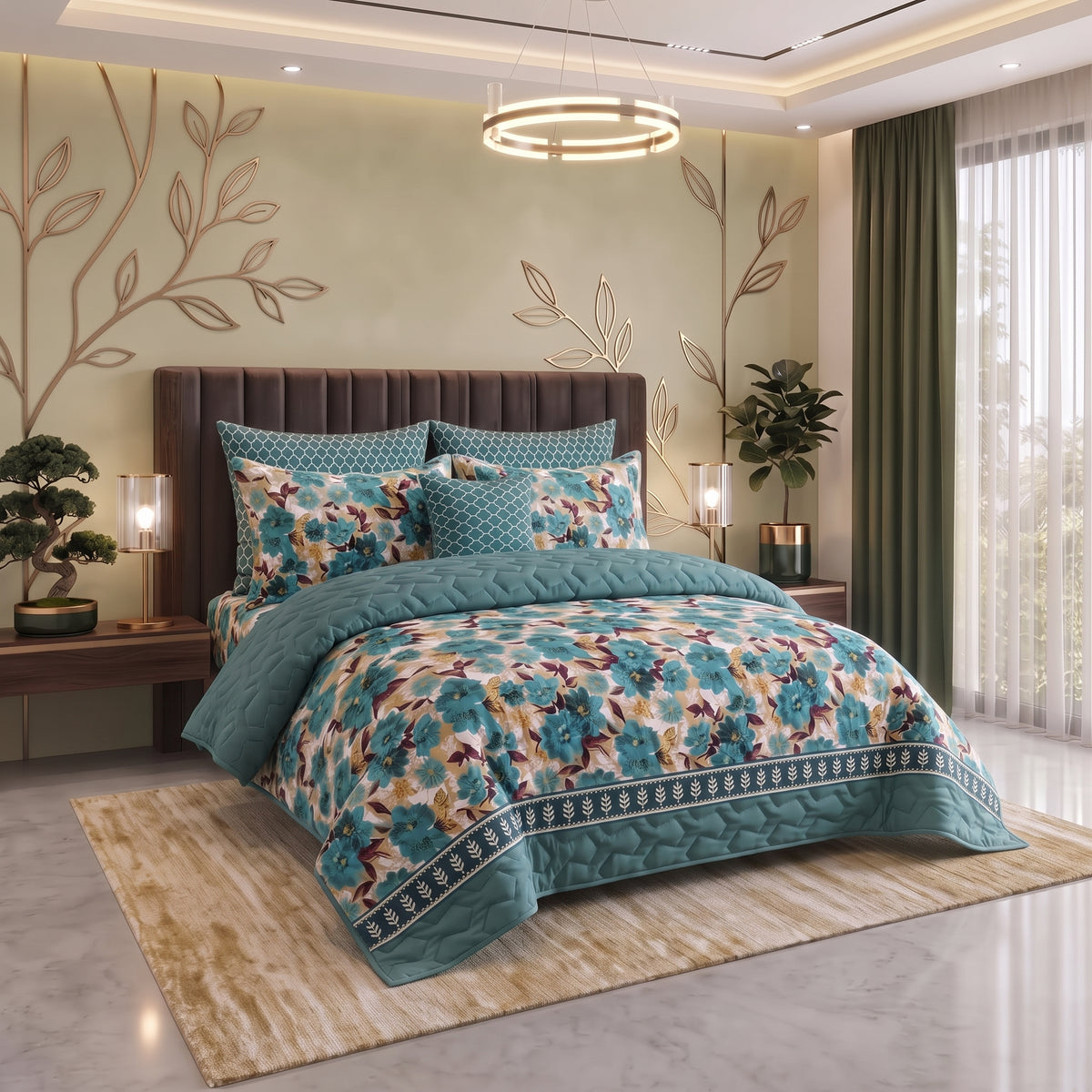 Turquoise Meadow | Printed Ultrasonic Quilted Bedspread Set | 7 Piece
