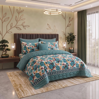 Turquoise Meadow | Printed Ultrasonic Quilted Bedspread Set | 7 Piece