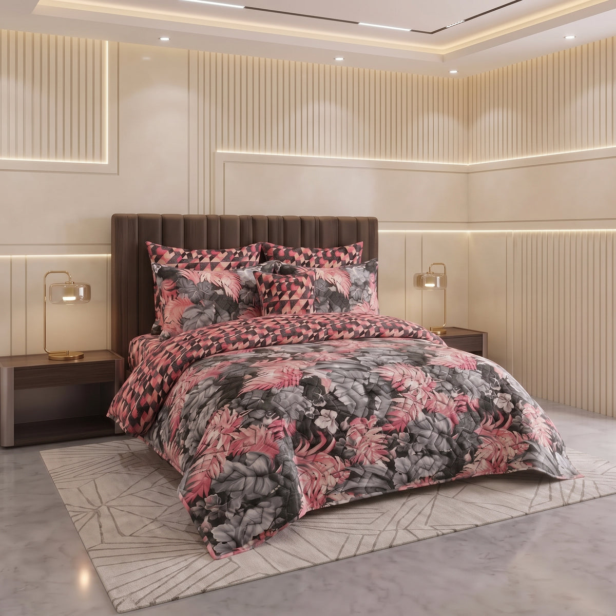 Coral Prism | Printed Ultrasonic Quilted Bedspread Set | 7 Piece