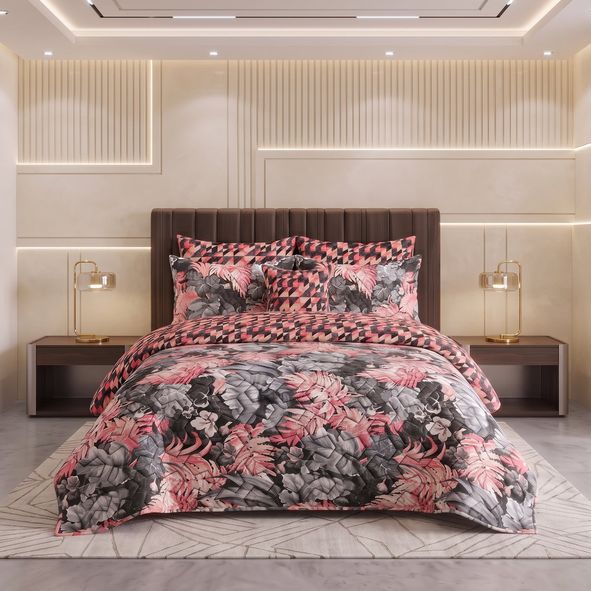 Coral Prism | Printed Ultrasonic Quilted Bedspread Set | 7 Piece