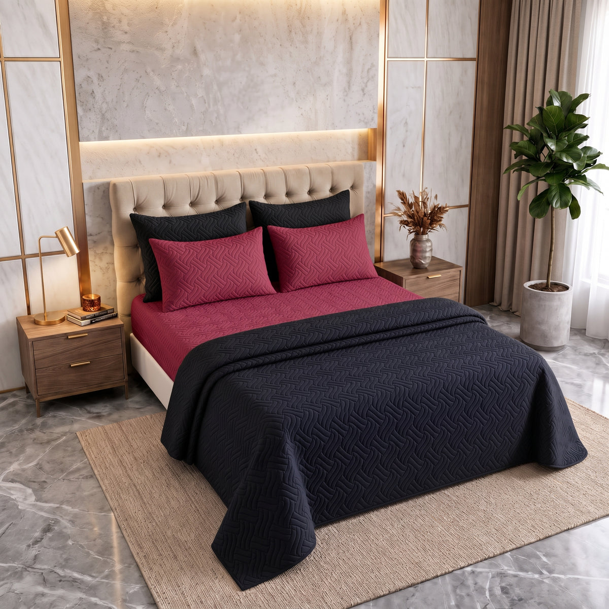 Mix & Match Bundle | 2 Bedspread Sets (3 Piece) | Classic Black + Ruby Red