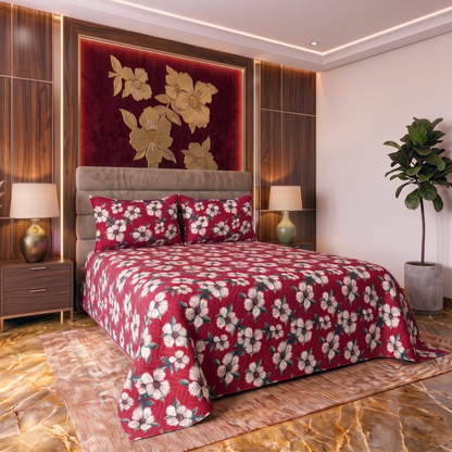 Crimson Meadow | Printed Ultrasonic Quilted Bedspread Set | 3 Piece